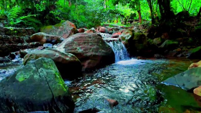 Mountain Stream Flowing Between Mossy Rocks in Tropical Forest