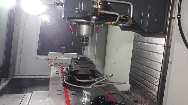 High-Precision CNC Milling Machine with Spindle and Vice inside Industrial Manufacturing Workshop