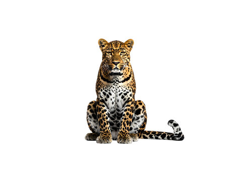 An isolated portrait of a wild leopard with beautiful spots on a white background, a majestic big cat and fierce feline predator from the jungle