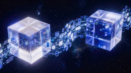 Fototapeta premium Digital blockchain data transfer concept featuring glowing transparent cubes connecting through bright futuristic information streams across deep blue cosmic space background