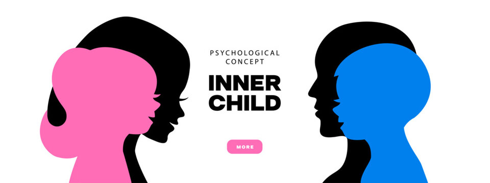 Silhouette of man and woman head profile with little boy and girl inside. Psychology, mental health, therapy, analysis, inner child concept. Vector illustration