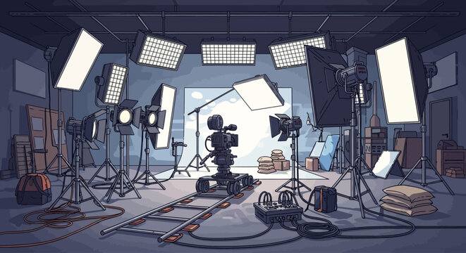 Empty film studio with camera on dolly and professional lighting setup.