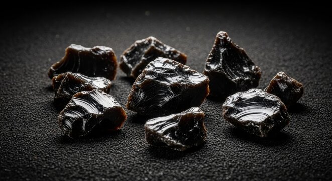 Sharp Edged Obsidian Fragments on Dark Textured Surface