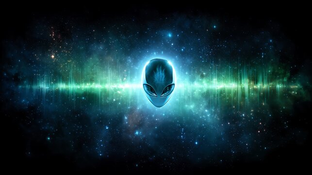 Alien head glows with cosmic energy in star filled galaxy