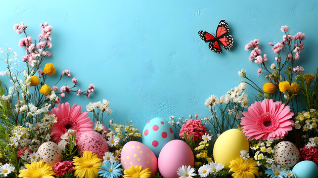 Beautiful vibrant Easter eggs and spring flowers layout border arrangement on blue