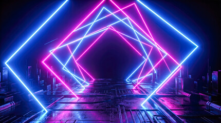 Fototapeta premium neon glowing squares tunnel abstract cyberpunk background futuristic sci fi technology corridor perspective light laser lines empty dark geometric space room