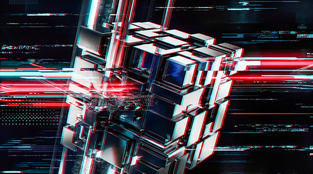 Abstract futuristic metallic floating cube breaking apart featuring dynamic red blue chromatic aberration glitch effect against dark space showing digital technology error