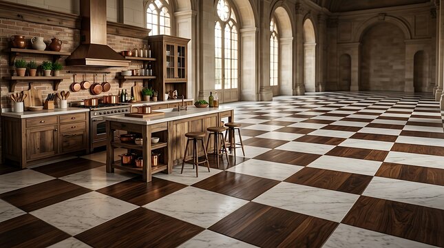 Luxurious Grand Kitchen with Checkerboard Floor and Vaulted Ceilings
