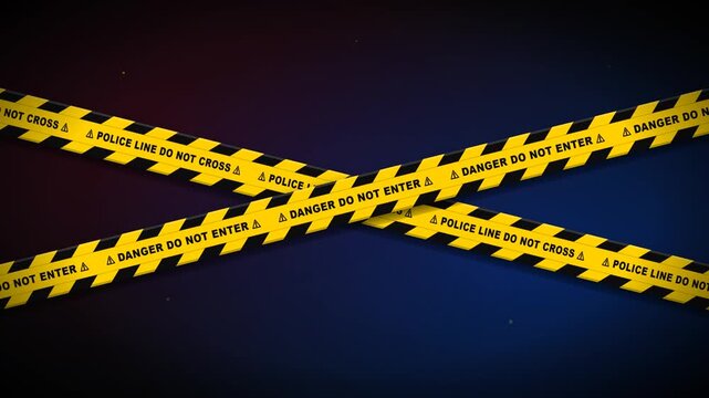 Scrolling yellow police tapes danger do not enter lines flashing red blue emergency sirens strobe lights dark background