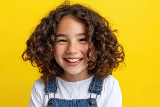 The smiling girl with curly hair in denim overalls against a bright yellow background