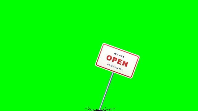 Chroma key green screen dynamic impact slam sign board falling with we are open text and ground cracks flash dust debris