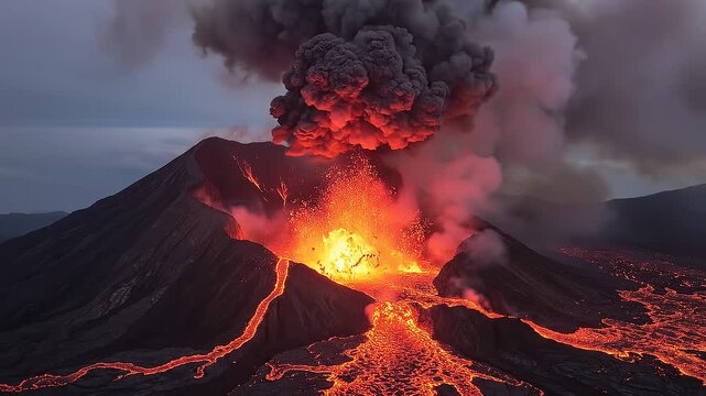 Dramatic volcanic eruption spewing molten lava and dark ash clouds