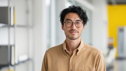 Obraz premium The man wearing glasses stands confidently in modern bright office interior with warm smile