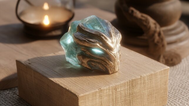 Glowing alien head sculpture on wooden surface