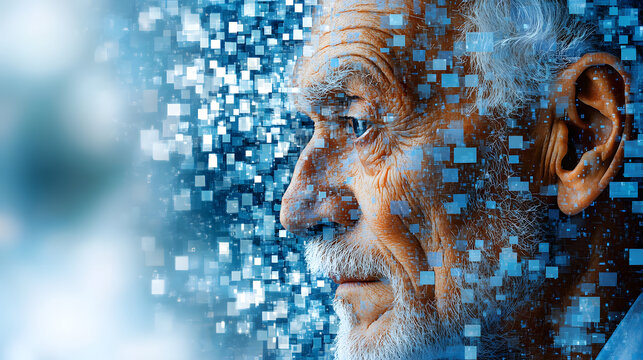 Abstract digital profile portrait of an elderly senior man dissolving into digital particles