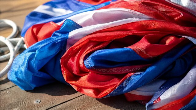 Folded nylon spinnaker sail on wooden deck, colorful textures.