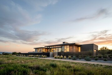 Obraz premium Contemporary minimalist luxury home architecture at dusk in desert landscape
