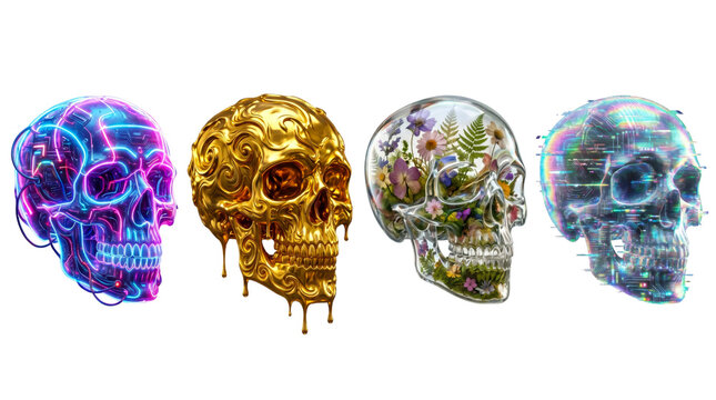 Profile perspective view of four artistic skulls with neon melting gold botanical and matrix patterns isolated on transparent background.