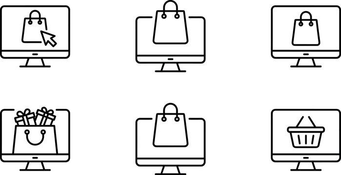 Online Shopping and Digital Ecommerce Icon Collection with Computer Store Symbols, Shopping Bags, and Retail Vector Illustrations