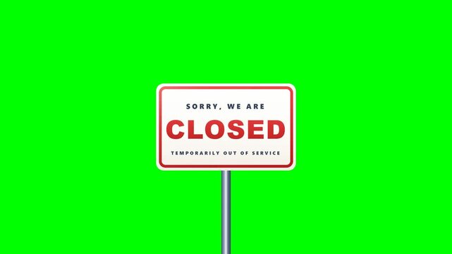 Chroma key green screen shaking signpost animation with sorry we are closed notice on retro ivory business boards panels