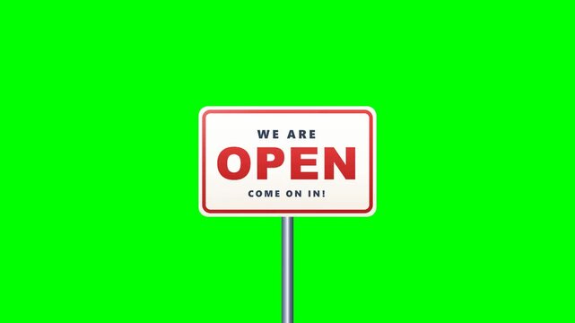 Chroma key green screen sliding signpost transitions with we are open and sorry we are closed retro business board panel