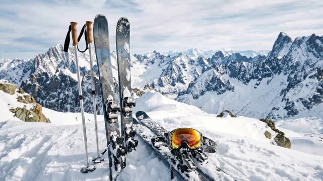 Pan and tracking shot of skis, poles and goggles resting in snow on alpine mountain summit; camera moves right across ski equipment with snow covered peaks in background
