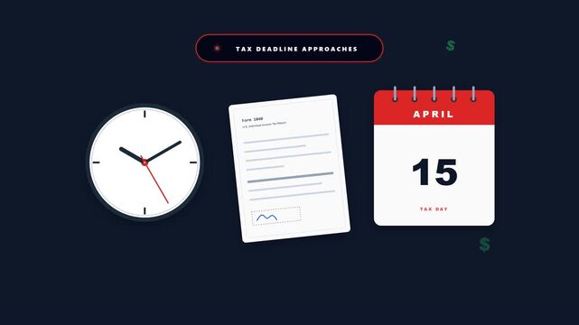 Animated tax deadline concept with clock ticking tax form document april fifteen calendar and alert warning banner signs