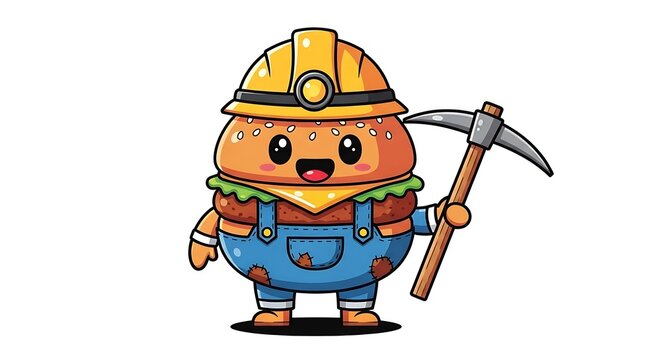 Cartoon miner character with pickaxe and helmet.