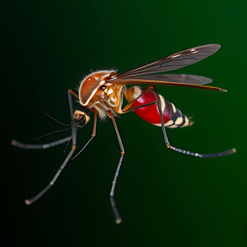 Detailed macro view of a female mosquito with a blood-filled abdomen, a common insect pest, isolated PNG on transparent background
