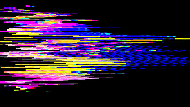 Horizontal pixel sorting glitch overlay with blue and yellow digital noise and magenta scanline distortion on black. Suits cyberpunk and rave design