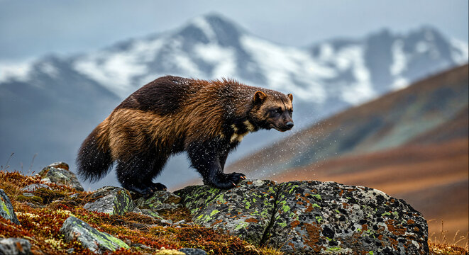 Wolverine on rocky tundra in mountain wilderness