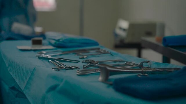 Surgical tools arranged on a sterile blue cloth in an operating room before a medical procedure