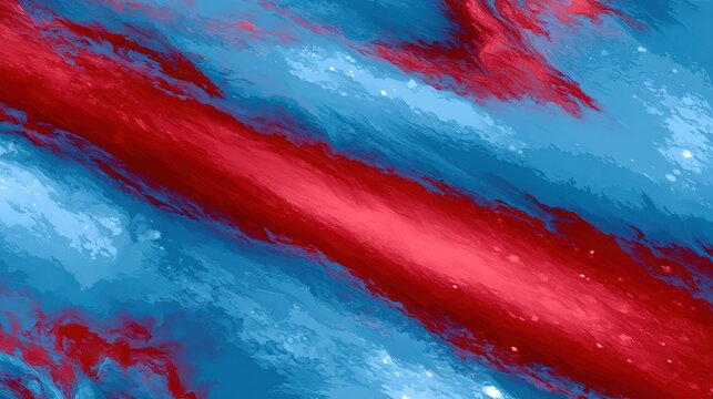 Abstract textured artwork with swirling blended red and blue tones, wide red streaks over soft blue base with light patches and bright spots, smooth blurred watercolor style