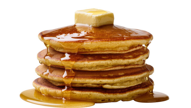 Stack of golden pancakes with melting butter and dripping syrup