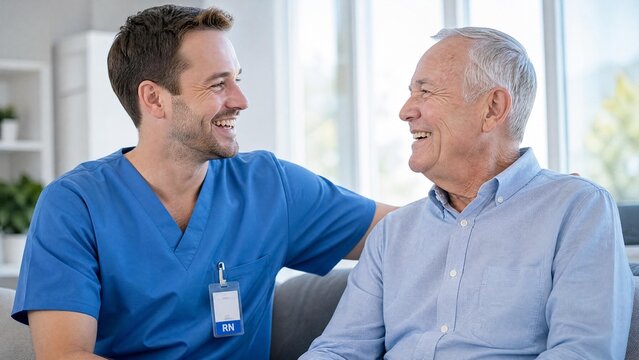 Cheerful Male Nurse Laughing with Senior Patient During Home Care Visit