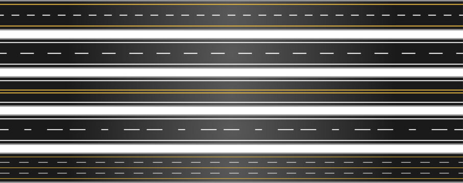 Vector seamless straight asphalt road graphic. Highway street lane for transportation illustration. Urban roads. Two-lane asphalt highway top view template. Seamless straight road vectors with lines
