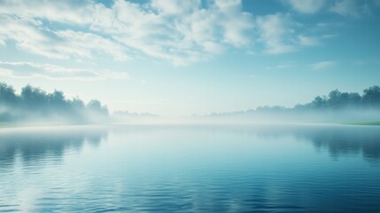 Fototapeta premium Serene Misty Lake Scene with Reflections and Soft Blue Hues