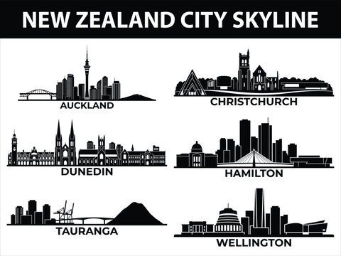 New Zealand city skyline vector illustrations of Auckland, Christchurch, Dunedin, Hamilton, Tauranga, and Wellington