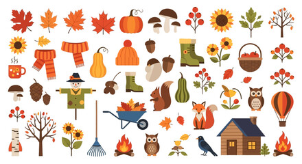 Autumn Collection: Fall Icons, Scarecrow, Squirrel, Fox, Owl, Pumpkin, Leaves © Sendal