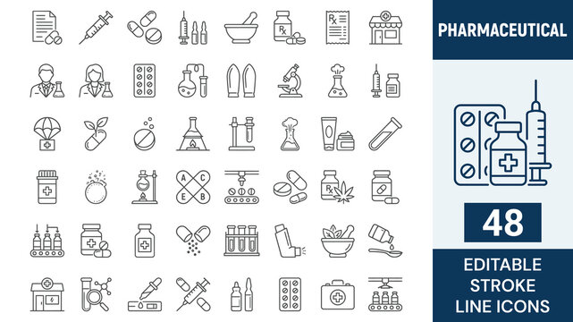Pharmaceutical line editable icon set. Contain icons related to medial and pharmacy. Editable stroke. Vector illustration