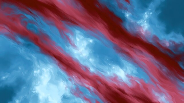 Abstract textured artwork with swirling blended red and blue tones, wide red streaks over soft blue base with light patches and bright spots, smooth blurred watercolor style