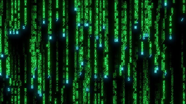 Dynamic Matrix of Numbers Animating Through frame. Neon Green Technology Background. Seamless Loop.