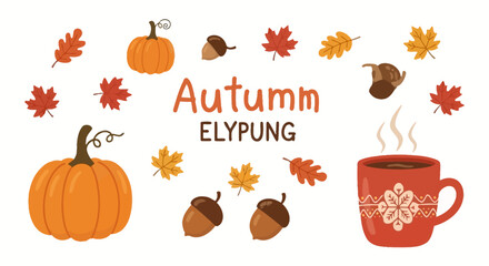 Autumn Harvest Illustration: Pumpkins, Acorns, Leaves, and Hot Drink © Sendal