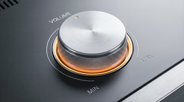metallic volume control knob macro brushed metal rotary dial glowing neon light ring sound audio amplifier dashboard system adjusting level presentation template