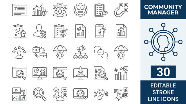 Community manager icon set. Editable stroke. Vector illustration