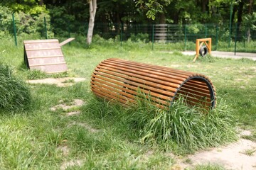 Fototapeta premium Wooden tunnel at training ground in dog park