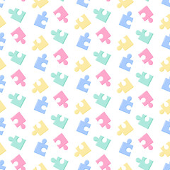 Seamless diagonal pattern of pastel puzzle pieces in pink, blue, yellow, and green on white background, playful geometric design for children s products, textiles, wallpapers, or decor