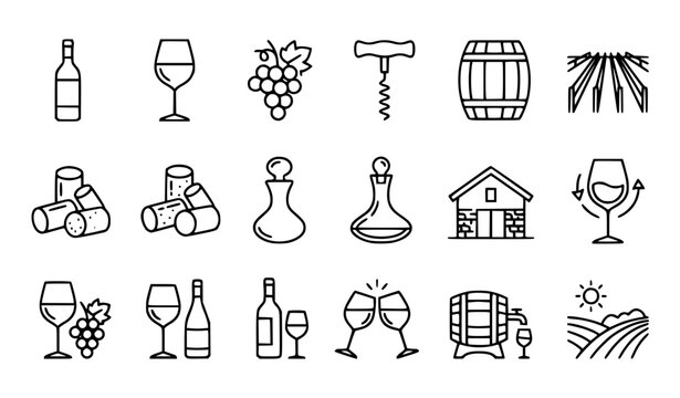 Wine and Vineyard Editable Stroke Outline Icon Set Pixel Perfect 64x64 Vector Illustration
