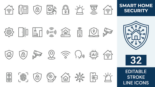 Home Security icon set. Contain icons related to home security, house protection, smart house. Editable stroke. Vector illustration