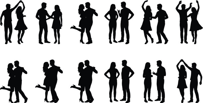 Couples Dancing and Social Interaction Silhouette Collection Featuring Romantic Poses Conversation and Celebration for Event Design